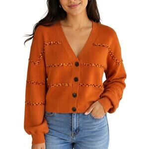 Grace Karin Pumkin Spice Orange Sequin Stripe Button Front Cardigan Sweater S